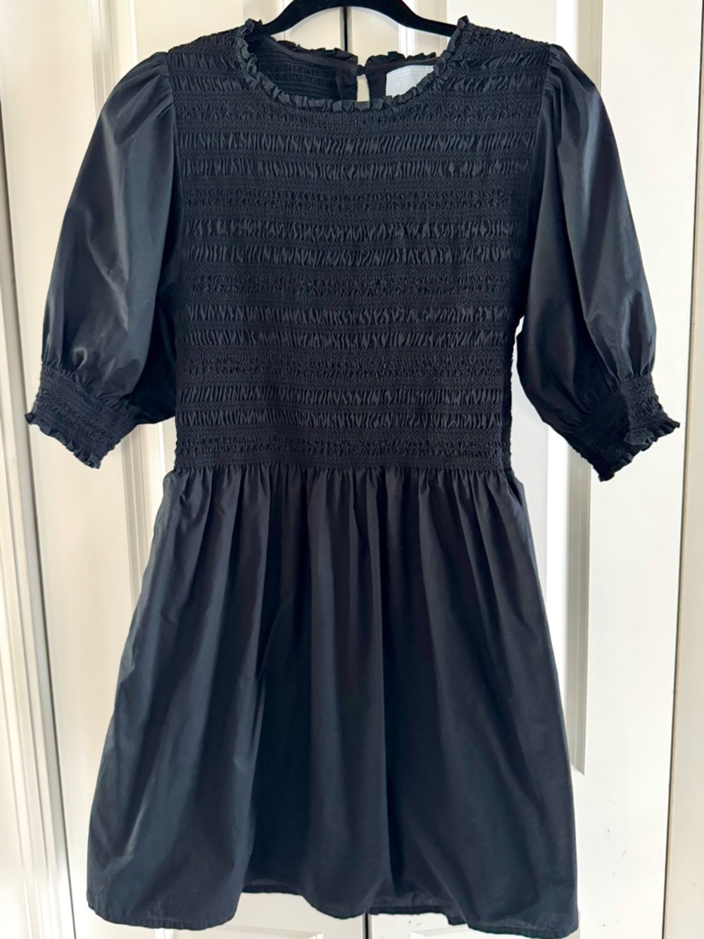 Hill House Black Smocked Puff-Sleeve Mini Dress